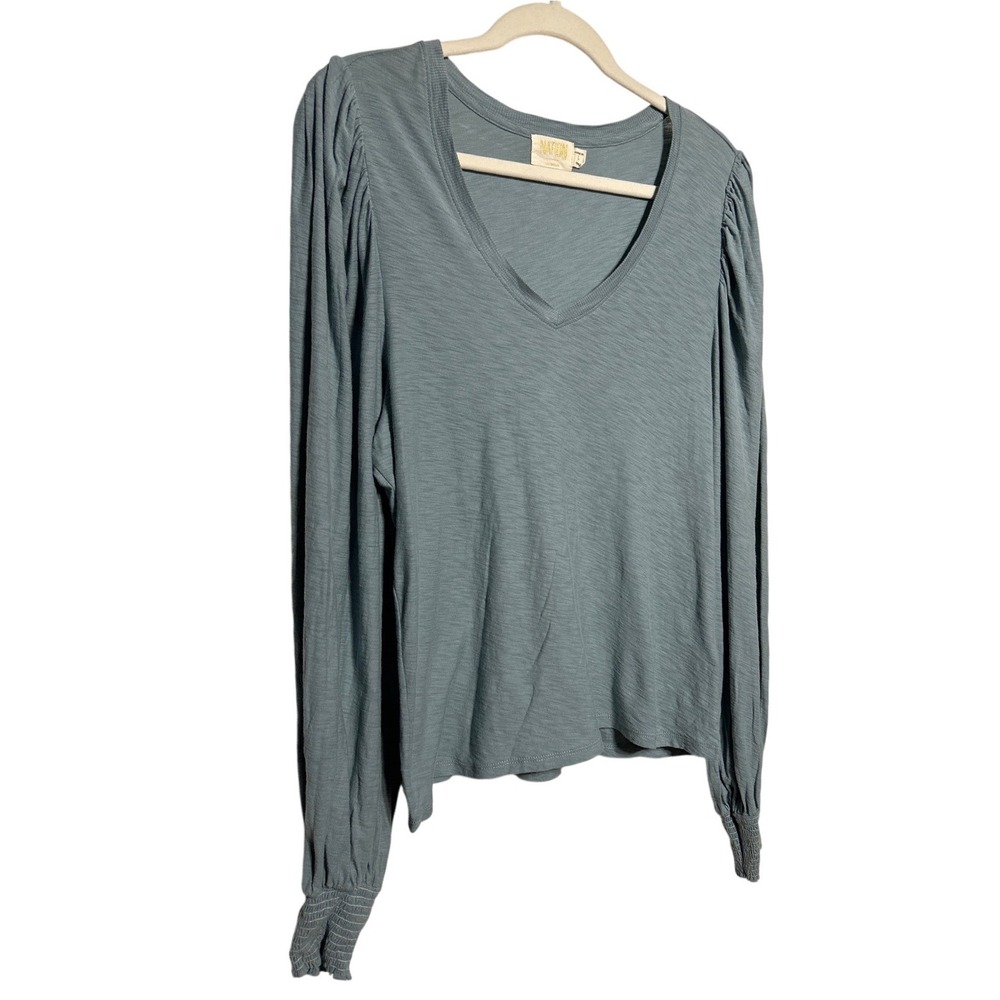 Nation LTD Dusty Blue Puff Sleeve V Neck Long Sleeve Top Women's Size Large
